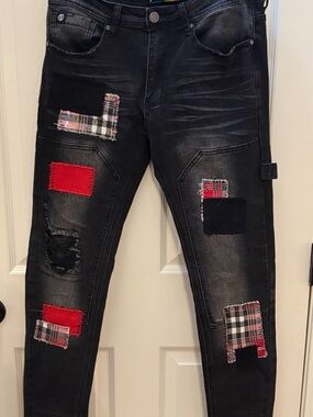 Men's Black Skinny Jeans with Red & Plaid Patchwork